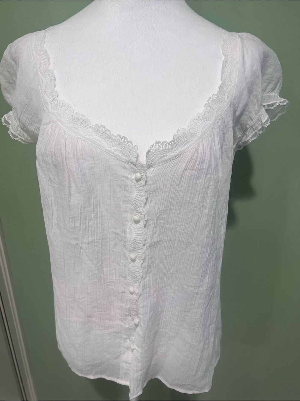 New White Lace-Trim Button Front Women's Top
